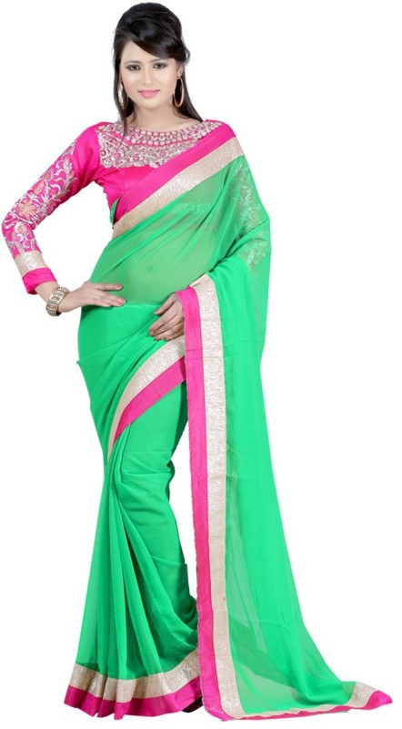 Winza Designer Self Design, Embroidered, Embellished, Solid Bollywood Georgette, Poly Georgette Saree(Multicolor, Green, Pink)