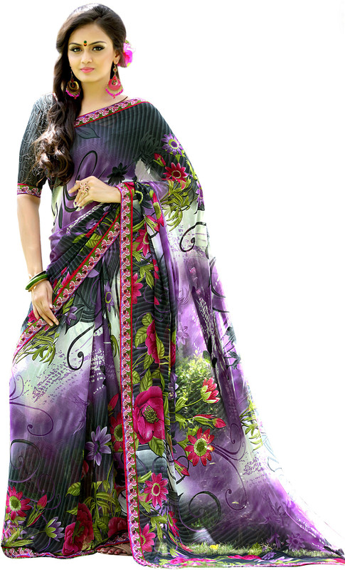 Jiya Self Design, Printed Fashion Poly Georgette Saree(Multicolor, Purple, Black)