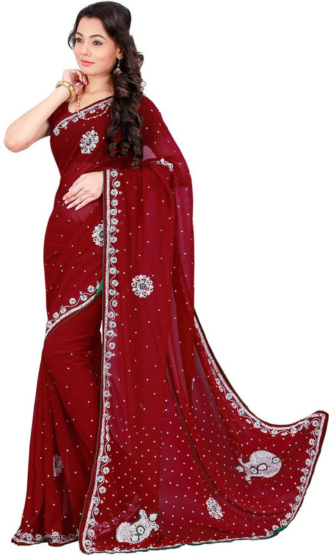 Desi Butik Embellished Fashion Poly Georgette Saree(Maroon)
