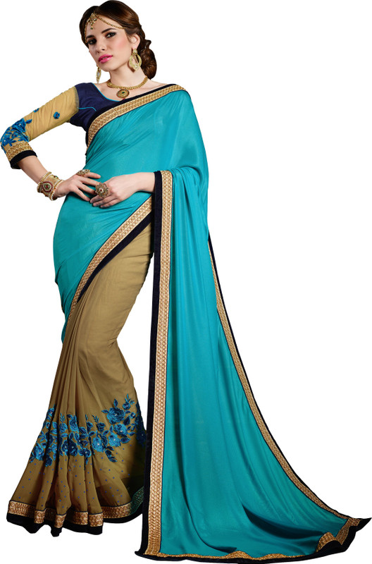 Khoobee Self Design, Embroidered, Embellished Fashion Satin Blend, Cotton Blend, Poly Georgette Saree(Light Blue, Beige)