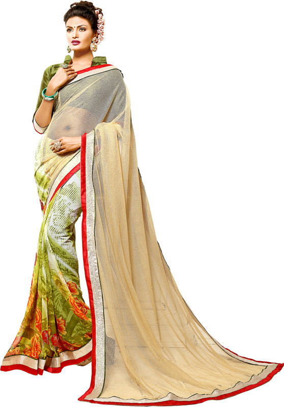 Parisha Printed Daily Wear Cotton Blend, Poly Georgette Saree(Multicolor, Beige)