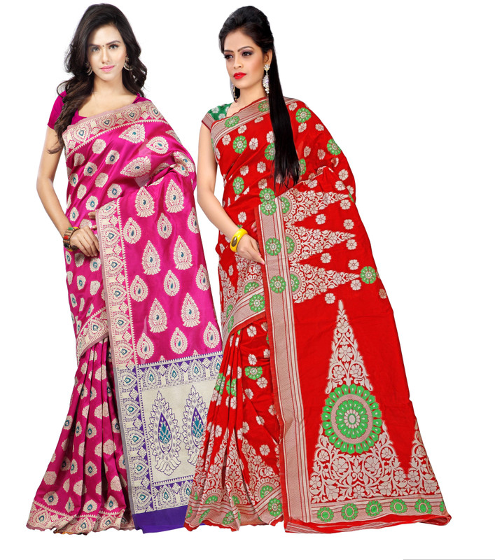Weavedeal Embellished Kanjivaram Silk Cotton Blend Saree(Pack of 2, Red, Pink)