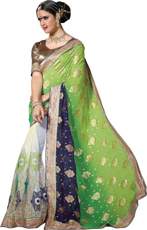 Khoobee Self Design, Embroidered, Embellished Fashion Poly Georgette, Cotton Viscose Blend Saree(Green, White, Blue, Beige)