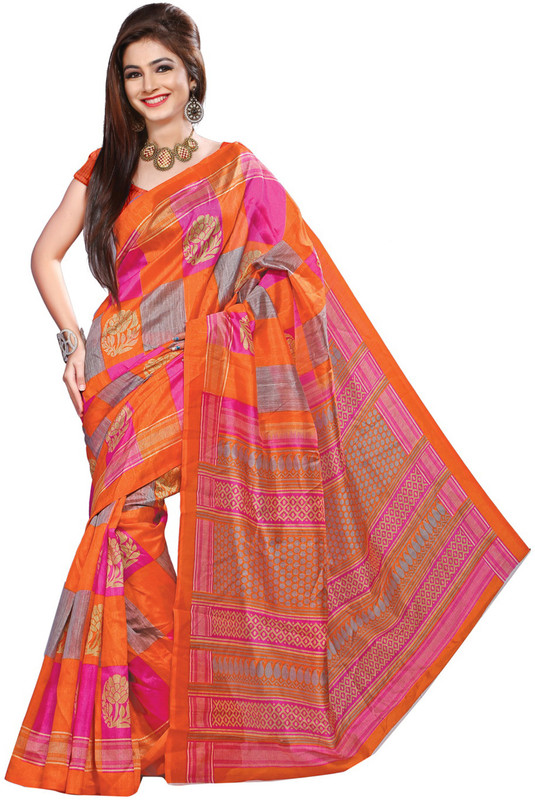 Khoobee Printed Fashion Poly Silk Saree(Pink, Orange)