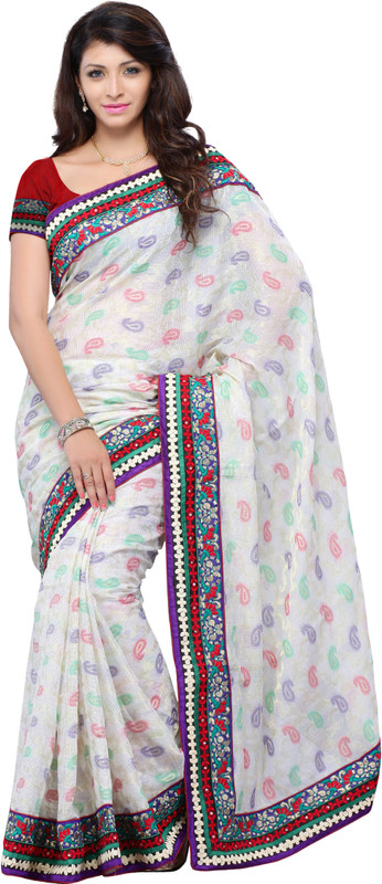 JTInternational Self Design, Printed Fashion Art Silk Saree(White)