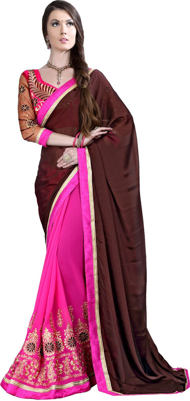 Manthan Embroidered Daily Wear Poly Georgette, Chiffon Saree(Brown, Pink)