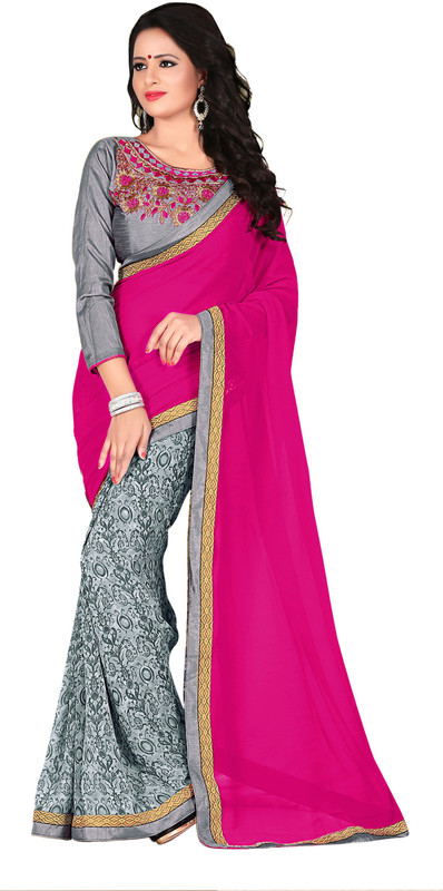 Jiya Self Design, Embroidered Fashion Poly Georgette Saree(Pink, Grey)