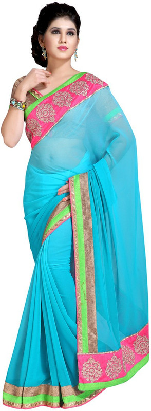 Jiya Self Design, Embroidered Fashion Chiffon Saree(Light Blue)