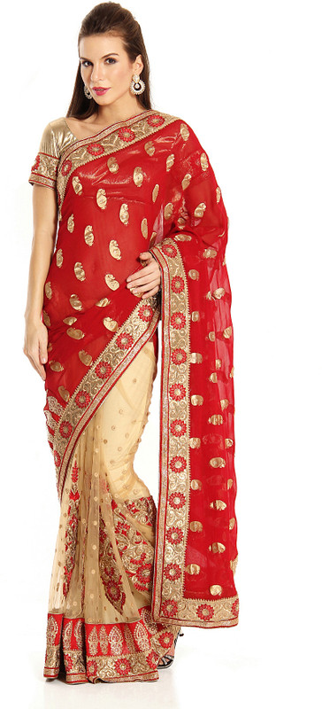 Soch Self Design Fashion Poly Georgette Saree(Red, Beige)