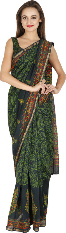 PinkShink Printed Chanderi Poly Chanderi Saree(Black)