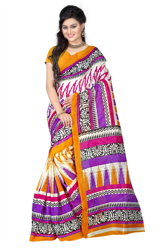 Weavedeal Printed Bhagalpuri Cotton Blend Saree(Yellow)