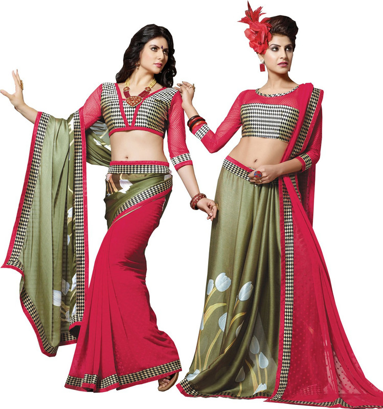 Lovelylook Printed Daily Wear Poly Georgette, Chiffon Saree(Red, Green)