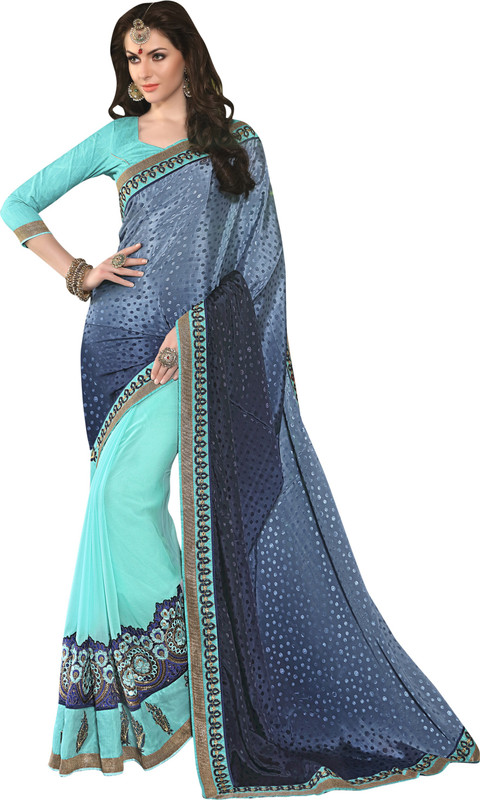 Jiya Self Design, Embroidered, Embellished Fashion Cotton Blend, Poly Georgette, Chiffon Saree(Light Blue, Blue, Grey)