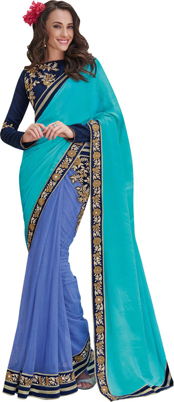 Khushali Self Design, Embroidered, Embellished Fashion Satin Blend, Cotton Blend, Chiffon Saree(Dark Blue, Light Blue)