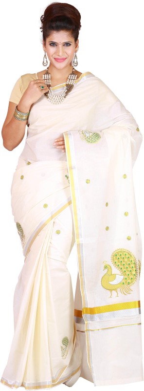 JISB Embroidered Coimbatore Cotton Blend Saree(Beige)