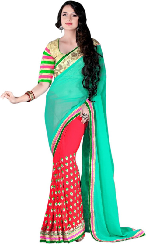 Khushali Self Design, Embroidered Fashion Poly Georgette Saree(Green, Pink, Beige)