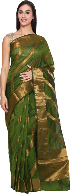 Chhabra Xclusive Striped Banarasi Poly Chanderi Saree(Dark Green)