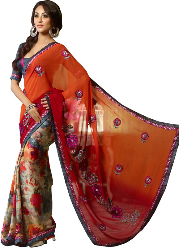 Parisha Printed Daily Wear Poly Georgette, Chiffon Saree(Multicolor, Red)