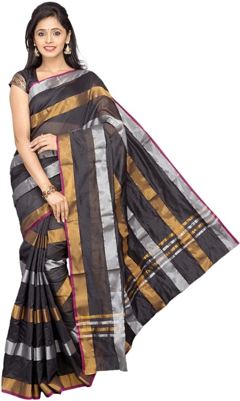 Pavechas Striped Banarasi Silk Cotton Blend Saree(Black) RS.734 (69.00% Off) - Flipkart