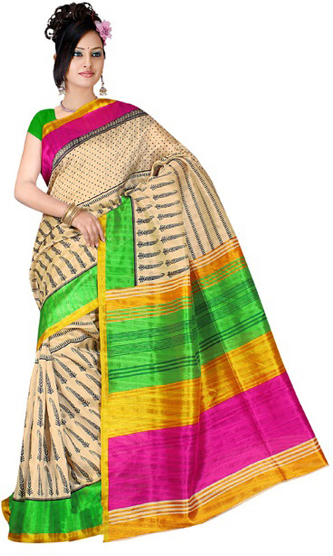 Khoobee Self Design, Printed Fashion Poly Silk Saree(Multicolor, Beige)