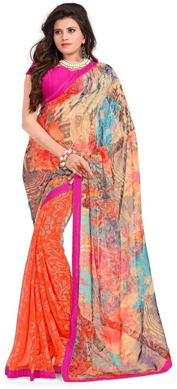 Desi Look Floral Print Bollywood Poly Georgette Saree(Orange)