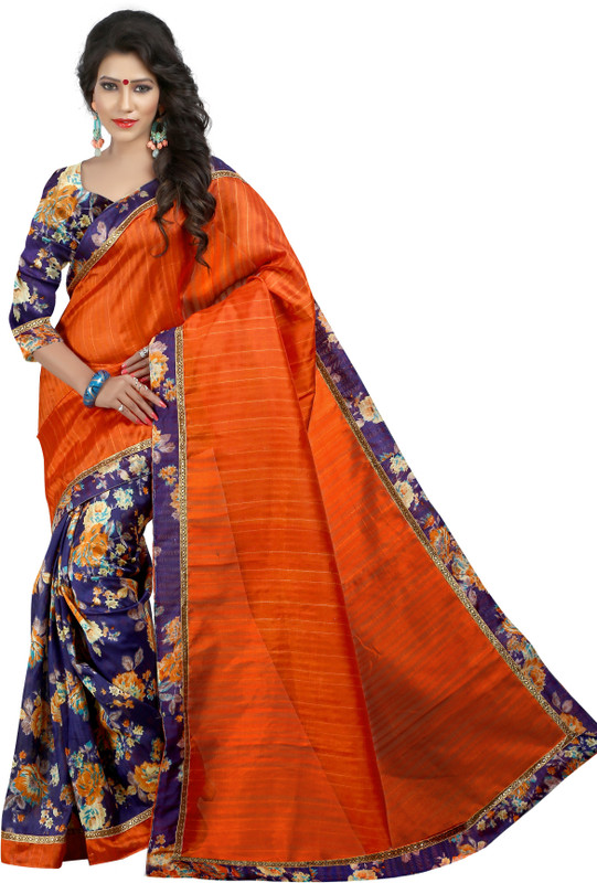 Indrani Printed Bollywood Silk Blend Saree(Blue, Orange)