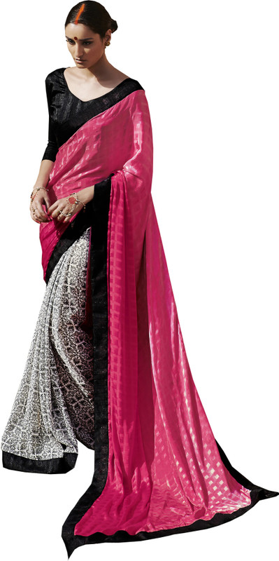 Khushali Self Design, Printed Fashion Poly Georgette, Poly Crepe Saree(White, Pink, Black)