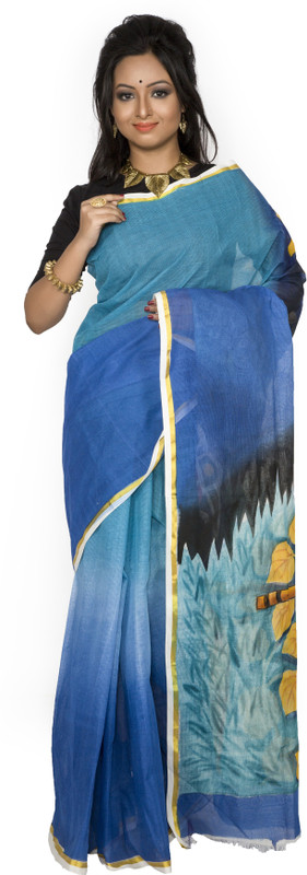 weavers crafts Hand Painted Fashion Cotton Blend Saree(Blue)