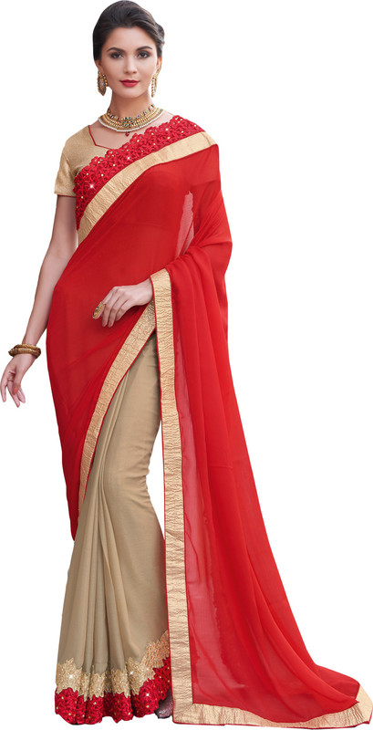 Jiya Self Design, Embroidered, Embellished Fashion Satin Blend, Chiffon Saree(Red, Beige)