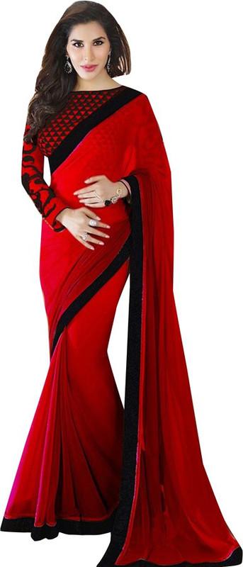 Saumya Designer Self Design Bollywood Poly Georgette Saree(Red)