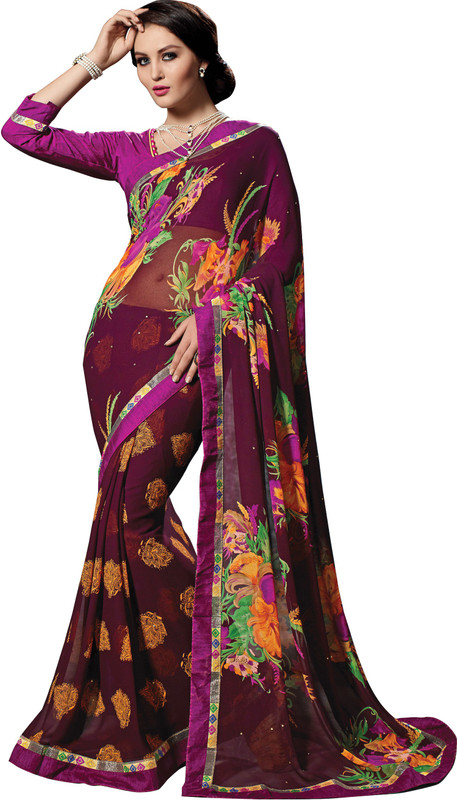 Jiya Self Design, Printed, Embellished Fashion Satin Blend, Poly Georgette, Chiffon Saree(Multicolor, Purple)