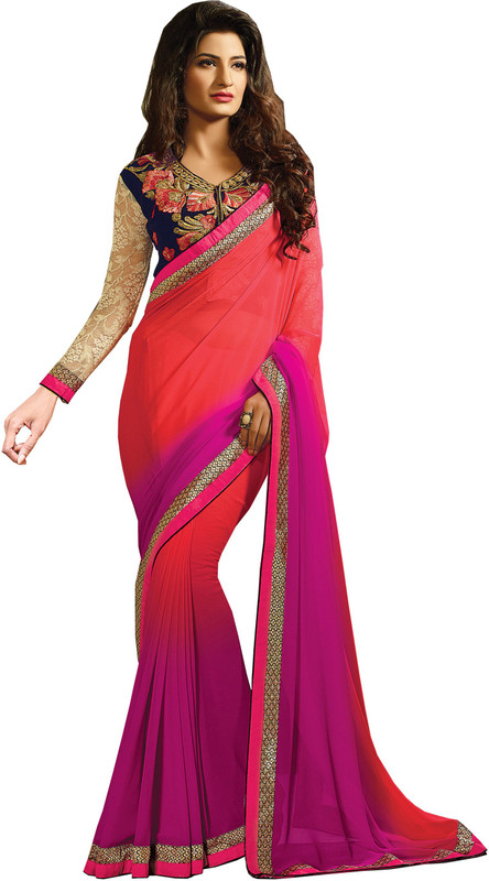 Manthan Embroidered Fashion Poly Georgette Saree(Red, Pink)