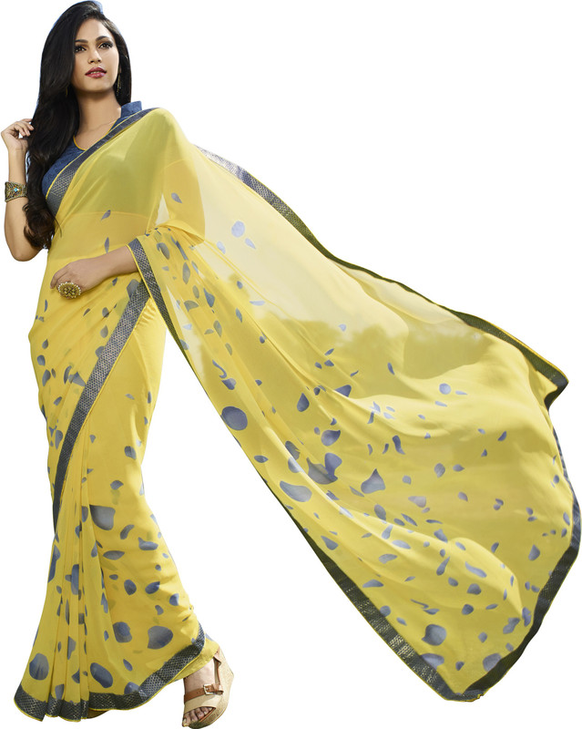 Khoobee Self Design, Printed Fashion Poly Georgette Saree(Blue, Yellow)