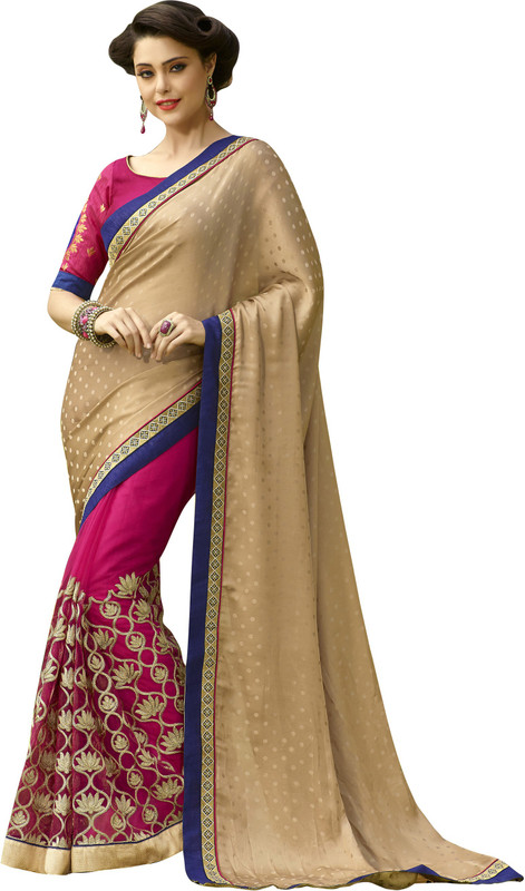 Jiya Self Design, Embroidered Fashion Cotton Blend, Poly Georgette, Chiffon Saree(Pink, Beige)