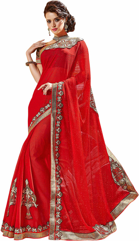 Khoobee Self Design, Embroidered, Embellished Fashion Poly Georgette Saree(Red)