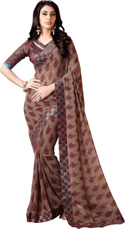 Khushali Self Design, Printed Fashion Poly Georgette Saree(Brown, Maroon)
