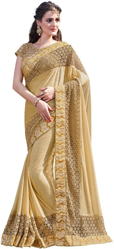 Desi Butik Embroidered Fashion Lycra Blend Saree(Gold)