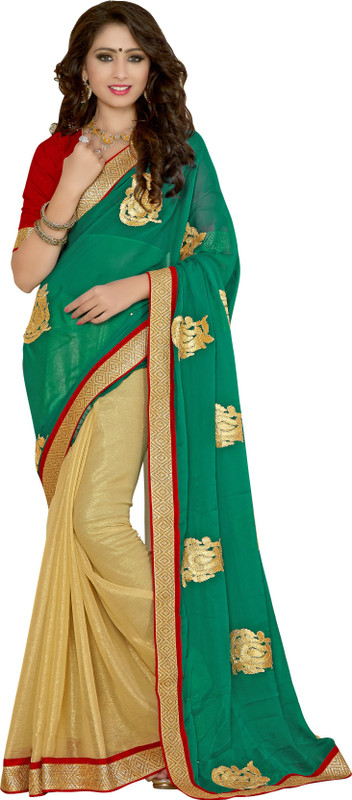 Khoobee Self Design, Embroidered Fashion Chiffon Saree(Green, Beige)