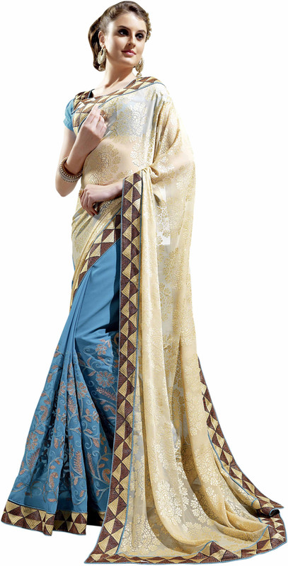 Khushali Self Design, Embroidered Fashion Cotton Blend, Poly Georgette Saree(Light Blue, Beige)
