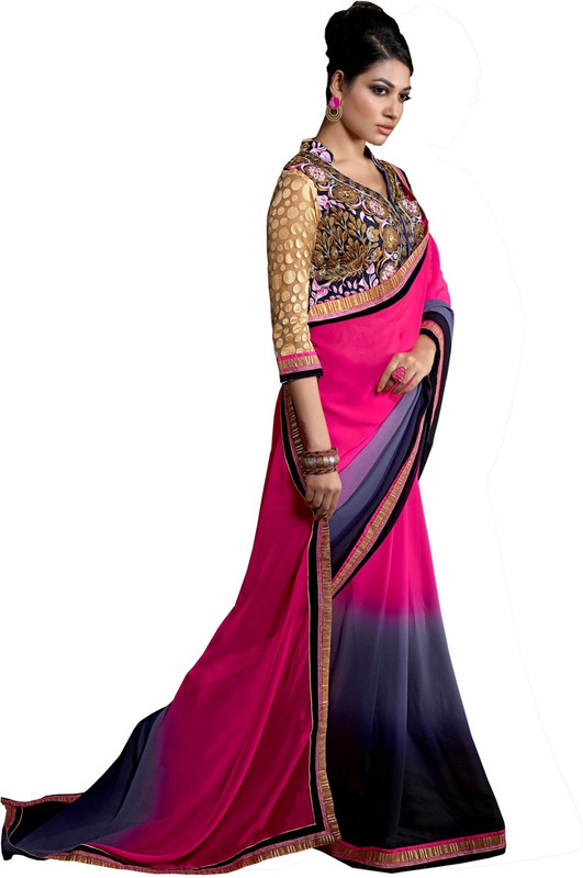 Lovely Look Embroidered Daily Wear Poly Georgette Saree(Blue, Pink)