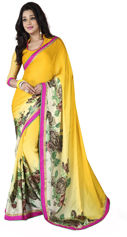 Jiya Self Design, Printed Fashion Satin Blend, Chiffon Saree(Multicolor, Yellow)