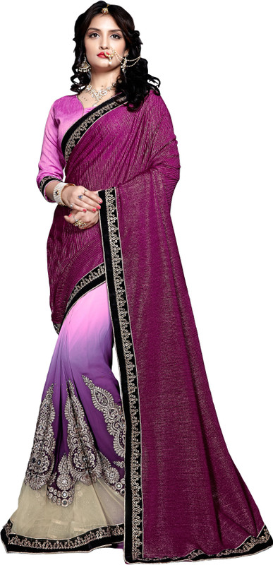 Jiya Self Design, Embroidered, Embellished Fashion Cotton Blend, Poly Georgette, Lycra Blend Saree(Magenta, Purple, Pink, Beige)