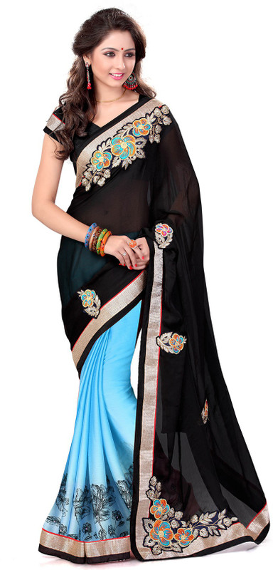 Sourbh Sarees Solid Fashion Satin Blend, Poly Georgette Saree(Light Blue, Black)