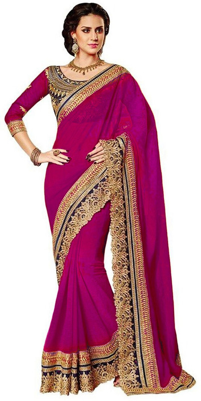 Winza Designer Self Design, Embroidered, Embellished, Solid Daily Wear Poly Georgette Saree(Pink)