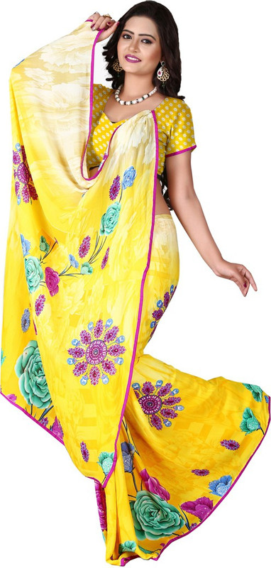 Khoobee Floral Print Fashion Poly Georgette Saree(Yellow)