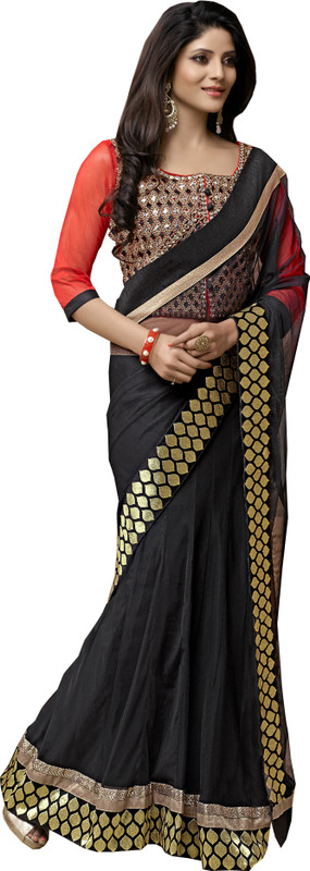 Manthan Embroidered Daily Wear Cotton Blend Saree(Black)