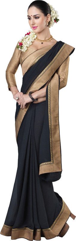 Khoobee Self Design Fashion Poly Georgette Saree(Black, Beige)