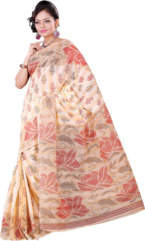 Vastrakala Floral Print Fashion Cotton Saree(Beige, Red) RS.495 (79.00% Off) - Flipkart