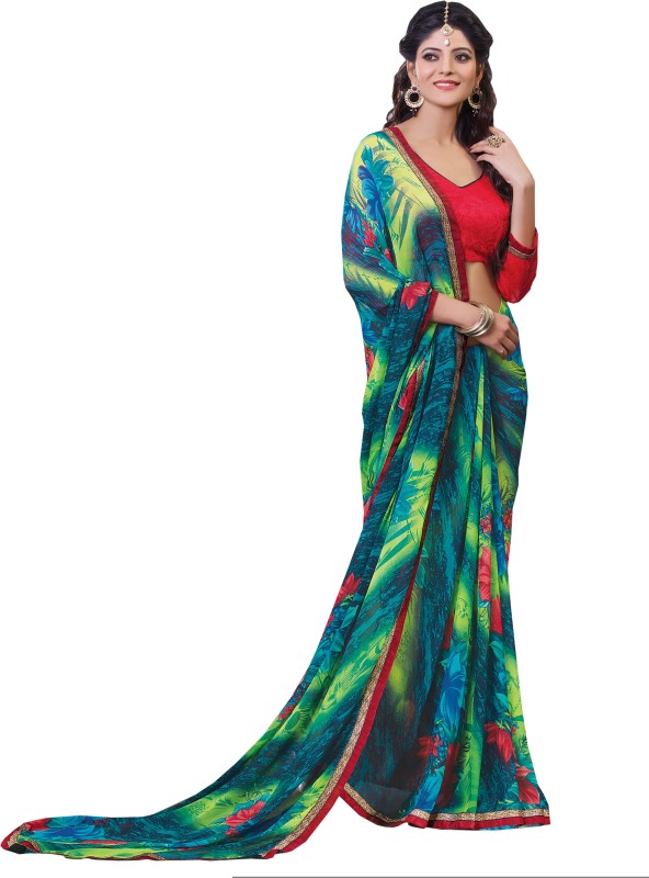 Parisha Printed Fashion Poly Georgette Saree(Green, Blue)