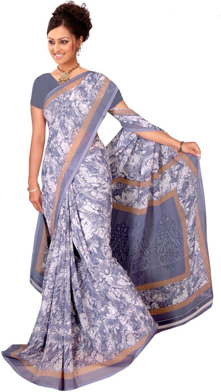 Khushali Floral Print Fashion Poly Georgette Saree(White, Grey)